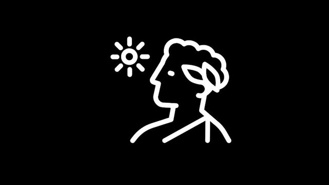 Stylized ancient Greek bust profile with sun and laurel wreath icon