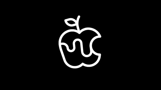 Minimalist white line art of a bitten apple with dripping liquid on black background