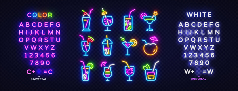 Neon cocktail icon set with colorful alphabet and numbers. Glowing drink symbols in bright style on transparent background. Ideal for bar menu design