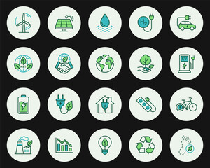 Fototapeta premium Sustainable energy, ecology and environment outline icon set. Editable stroke vector illustration for eco-friendly concepts.