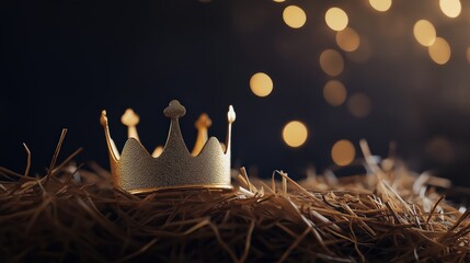 Obraz premium Gold crown resting on hay with bokeh lights, representing humble beginnings, spiritual royalty, and Christmas nativity