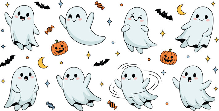Cute Halloween ghost characters collection with pumpkins bats candy moon and spooky cartoon elements vector illustration set