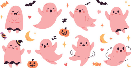 Fototapeta premium Cute Halloween ghost characters collection with pumpkins candy bats moon hearts and funny spooky cartoon vector illustration set