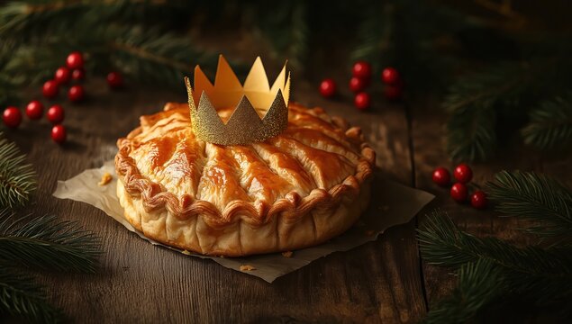 Celebrating Epiphany with a traditional Galette des Rois on a rustic wooden table, decorated with a golden crown and festive fir branches