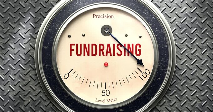 Fundraising  meter that is hitting a full scale, showing rising levels of fundraising, overload of it, too much of it. Maximum value, off the charts.