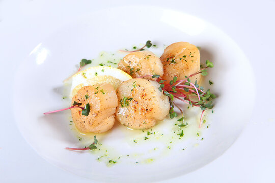 Scallops on a white plate with microgreens. A slice of lemon and scallops. Seafood dish. Healthy food. Low-calorie food. Flat lay. Top view. Copy space.