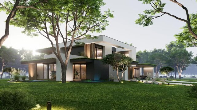 4K video rendering of two-story house with parking and pool for sale or rent with concrete facade and beautiful landscaping Clear summer evening with cozy light from window