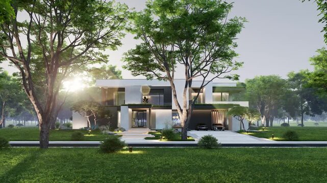 4K video rendering of two-story house with parking and pool for sale or rent with concrete facade and beautiful landscaping Clear summer evening with cozy light from window