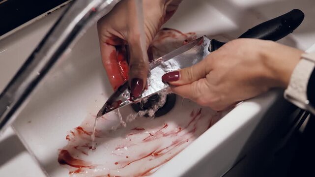 Woman washing blood from knife under running water hiding violent traces