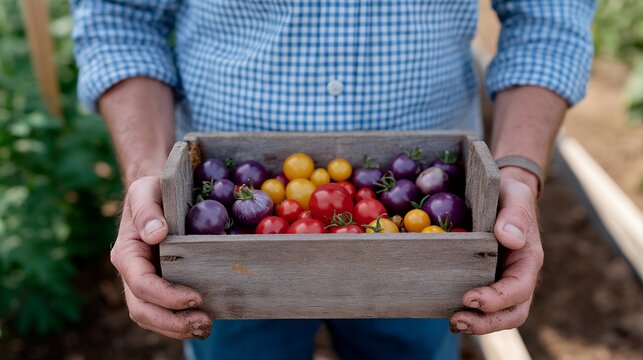 Farmer's hands holding freshly harvested purple heirloom tomatoes and golden cherry varieties from backyard garden, dirt on fingers, hyperlocal vegetables displayed on weathered wooden crate, ideal