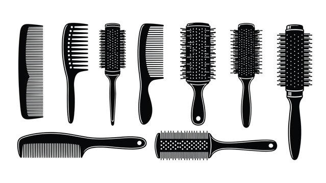Comprehensive collection of various hair brushes and combs in black silhouette style for salon and personal use.