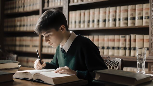 Young Student Studying Intensely with Open Books in Classic Library Setting