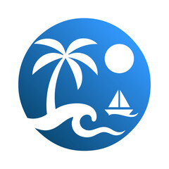Logo agencia de viajes. Vacaciones de verano. Dibujo sencillo con siluetas de un paisaje con la palma, sol, olas de mar y barco de vela en círculo  © teracreonte
