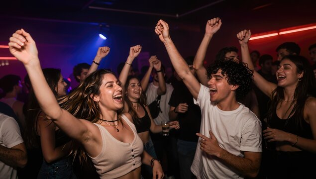 Excited Young People Dancing and Celebrating at Vibrant Nightclub Party with Colorful Lights