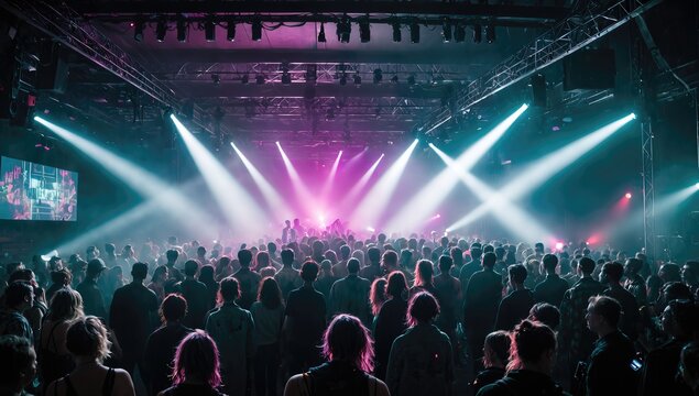 Crowd at Live Music Concert with Colorful Stage Lights