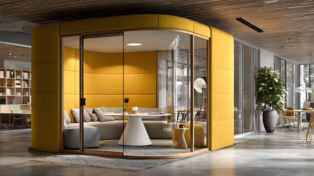 Ultra-realistic photograph of an empty isolated soundproof meeting pod, featuring glass walls, acoustic panels, and a small circular table.