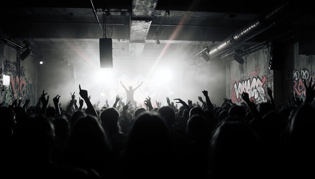 Silhouetted crowd cheering at underground concert with bright stage lights