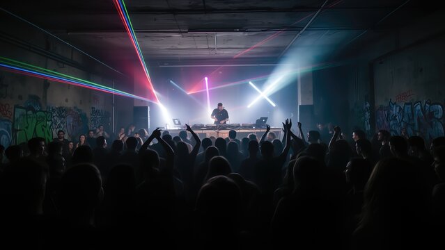 DJ performing on stage with laser lights and crowd cheering at underground rave