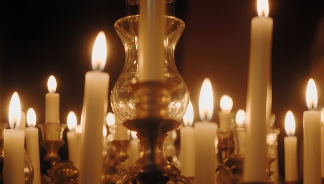 Elegant Crystal Candelabra with Glowing White Candles in Warm Golden Light Against Dark Background