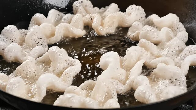 Close-up of dried fish maw or skin crackers being dropped into a wok of hot oil, rapidly puffing up and expanding into a white, crispy, and porous texture during the deep-frying process