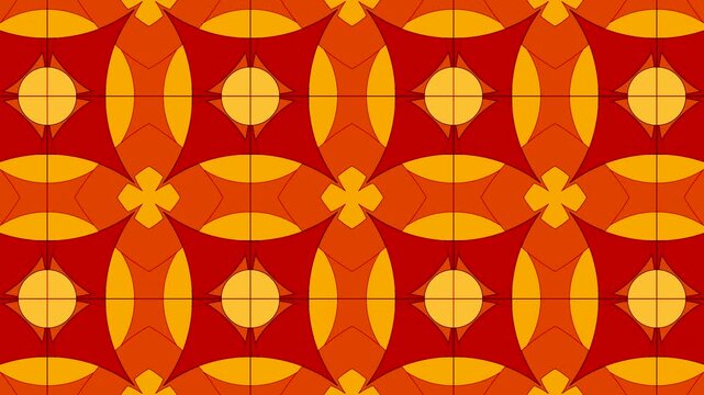 Colorful geometric patterns on a bright orange background with simple shapes arranged neatly