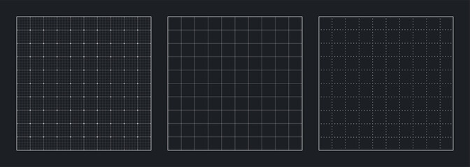 Plakat Grid pattern paper blueprint set, black line and dot graph sheet for school, notes or social media, vector illustration. Blueprint background with square grid. 
