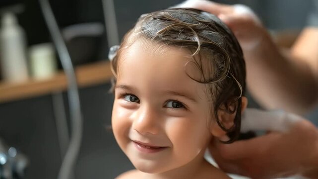 Small child with wet hair after bathing, soapy hair and cheerful mood, childhood and family comfort themes, bath time joy, clean hygiene moment, happy washing scene, faceless