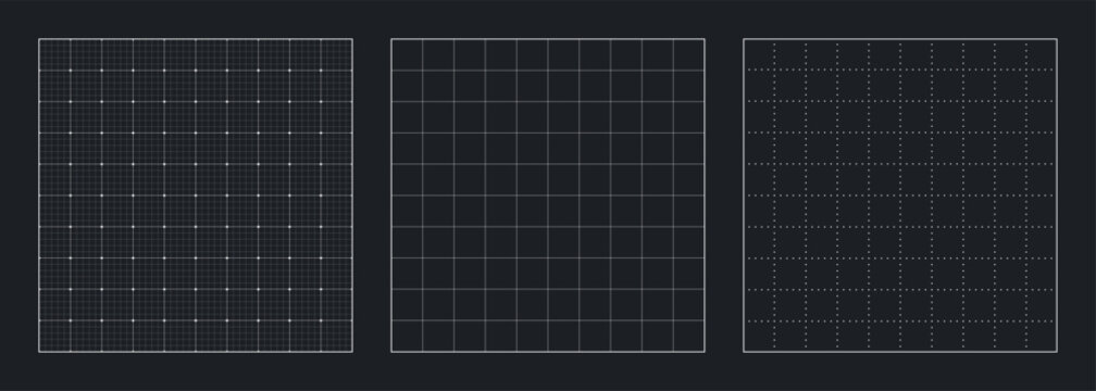 Grid pattern paper blueprint set, black line and dot graph sheet for school, notes or social media, vector illustration. Blueprint background with square grid.	