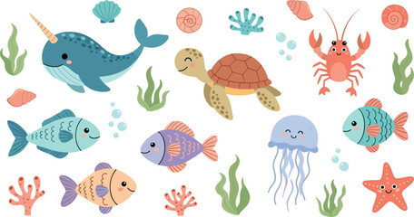 Cute ocean animals cartoon set with narwhal turtle jellyfish crab fish starfish coral underwater vector illustration © Lunavera art