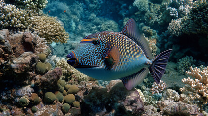 Colorful triggerfish swimming gracefully above coral reef
