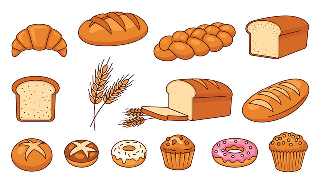 Comprehensive bakery product collection including assorted bread loaves, croissants, muffins, donuts, and wheat stalks for cafe menus.