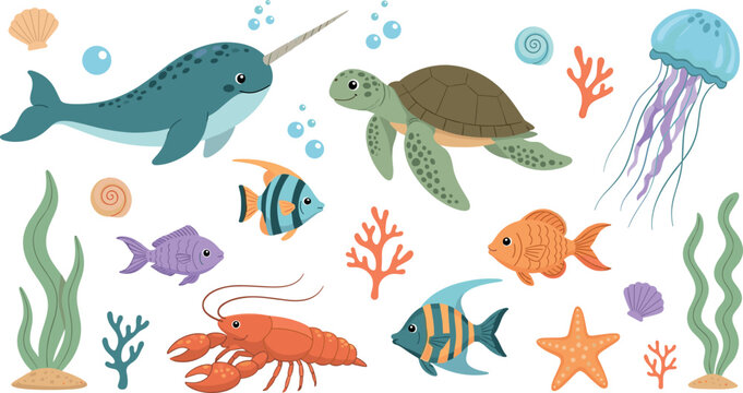 Cute ocean animals cartoon set with narwhal turtle jellyfish lobster fish starfish coral underwater vector illustration collection