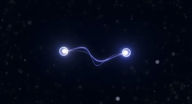 Minimalist quantum entanglement paired particles glowing line dark space spooky action distance
