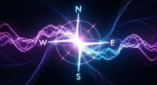 Neon gradient particle cloud forming compass AI navigation optimization pathfinding algorithms