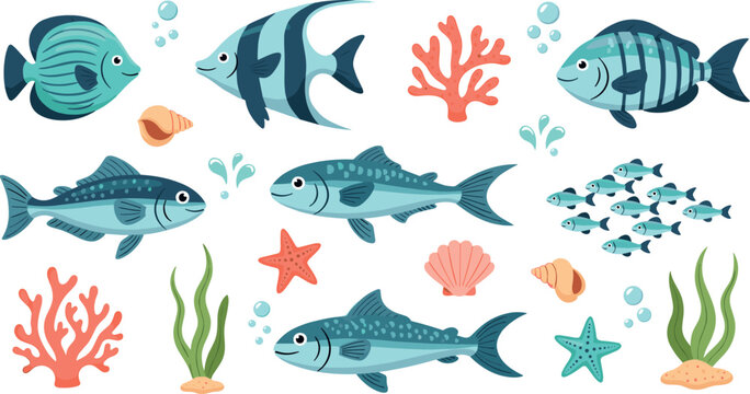Cute ocean fish cartoon character set with coral reef starfish seashell seaweed bubbles underwater marine life vector illustration
