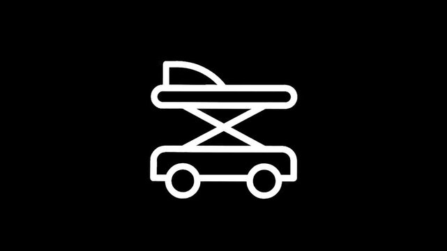 Simple line icon of a scissor lift cart with wheels on a black background
