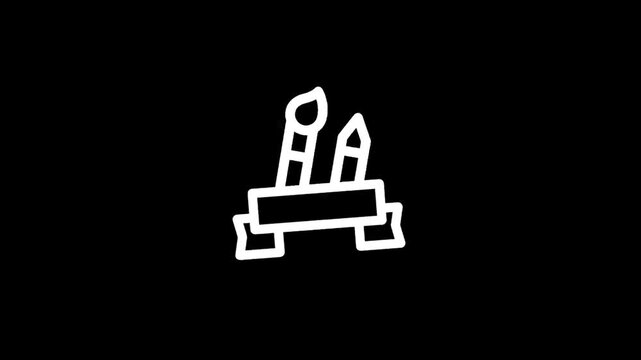 Simple line art icon of art supplies including a paintbrush and pencil on a ribbon banner