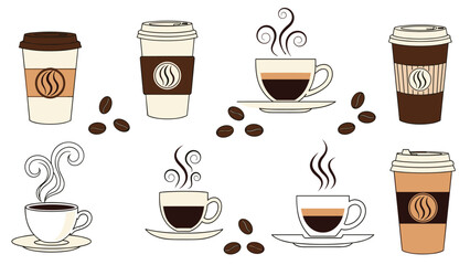 Obraz premium Assorted coffee illustrations featuring takeaway cups, mugs with steam, and roasted coffee beans scattered on a clean white background.