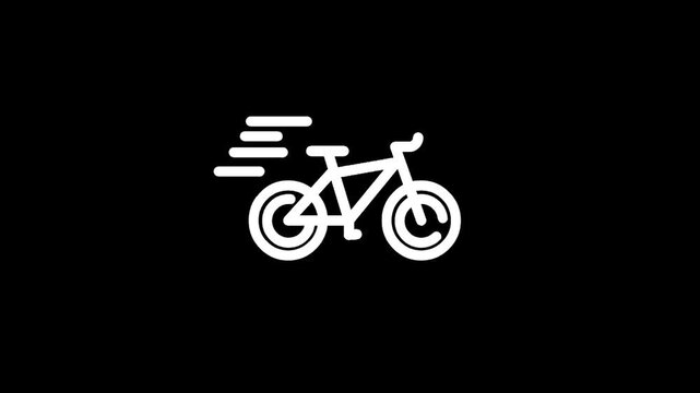 White bicycle icon with motion lines indicating speed on a black background