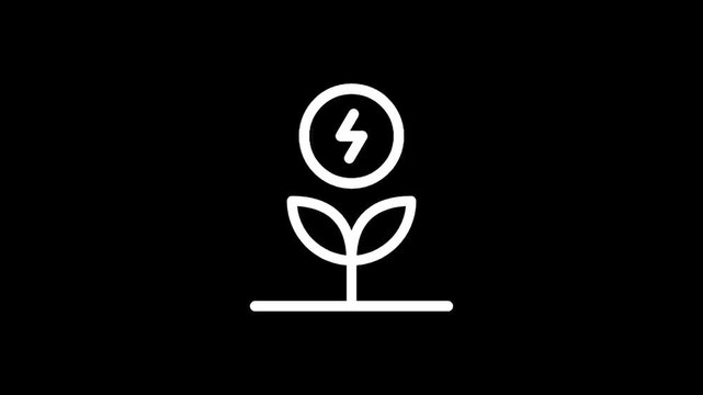 White line art icon of a plant with a lightning bolt in a circle at the top