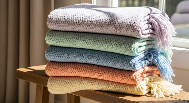 A stack of colorful knitted blankets with fringed edges on transparent background