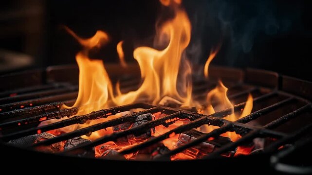 Mesmerizing flames dancing on a grill capturing warm firelight and cozy outdoor cooking moments