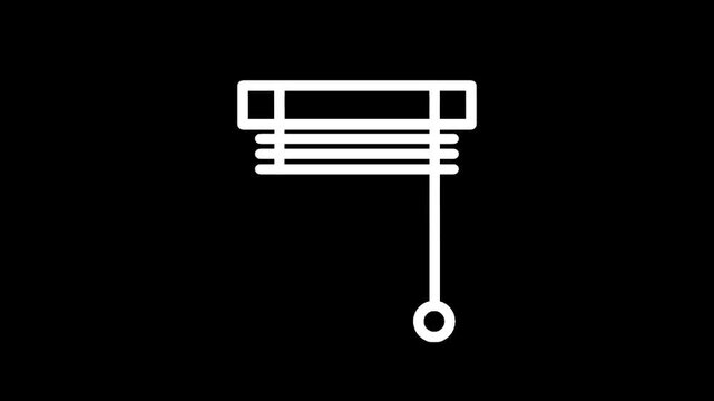 Simple white line icon of horizontal blinds with a pull cord on a black background