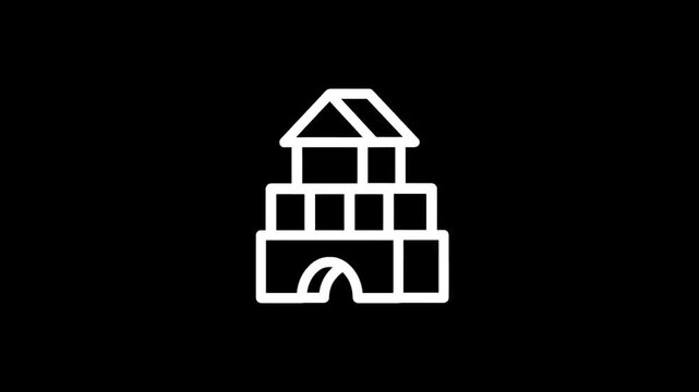 Simple line art icon of a toy castle made from building blocks on a black background