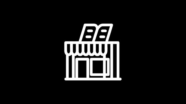 Simple line art icon of a bakery storefront with baguettes displayed prominently
