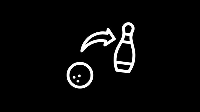 Bowling ball and pin icon with arrow indicating motion on a black background