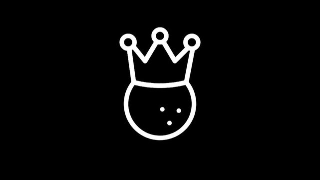 Simple white outline of a crown atop a round object with dots on a black background