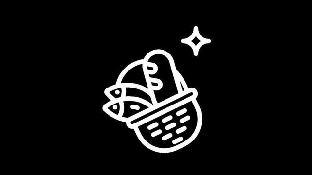 Simple line art icon of a basket filled with fish and bread with a sparkle