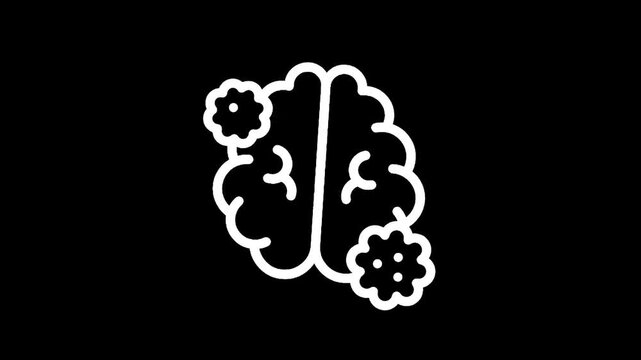 White line art icon of a brain with virus cells surrounding it on a black background