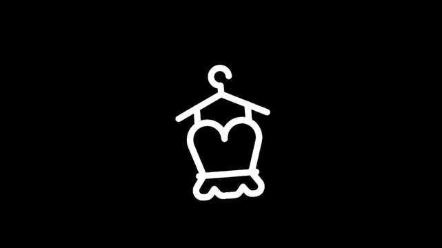 Simple white outline of a strapless dress on a hanger against a black background
